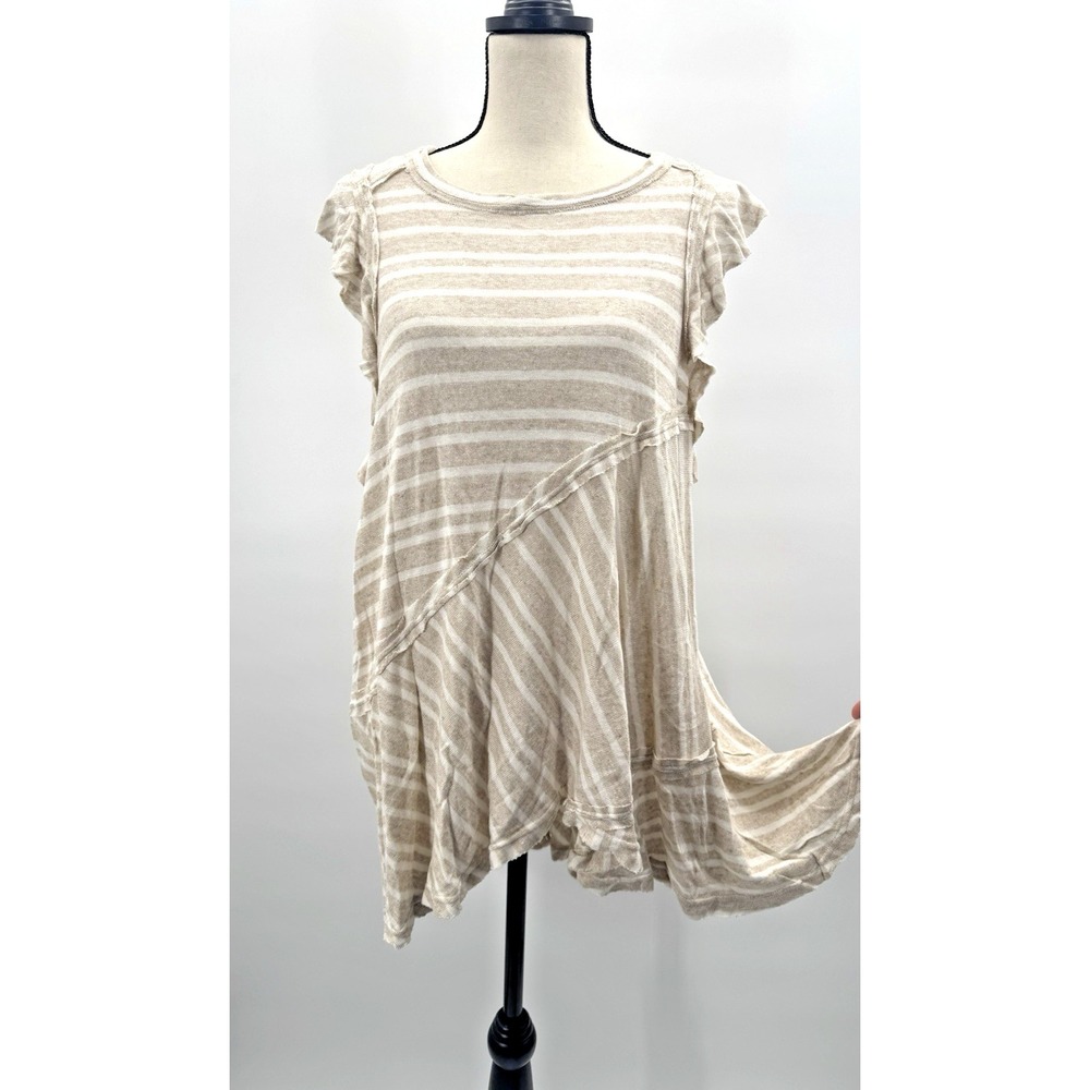 Free People Stripe Linen Tunic Dress Medium Asymmetrical Neutral Boho Coastal